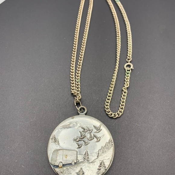 Vintage Silver Tone Pendant Necklace with Nature Scene Pewter Spring Ring Clasp - Picture 1 of 4